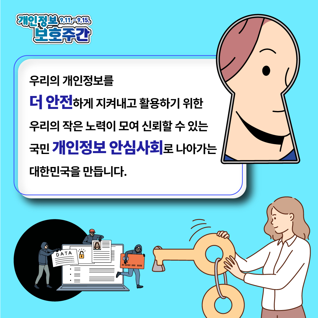 우리의 개인정보를 더 안전하게 지켜내고 활용하기 위한 우리의 작은 노력이 모여 신뢰할 수 있는 국민 개인정보 안심사회로 나아가는 대한민국을 만듭니다.